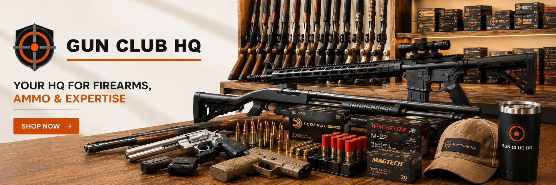 Gun Club HQ, your HQ for firearms, ammo and expertise. Rifles, shotguns, handguns and ammunition displayed in the shop.